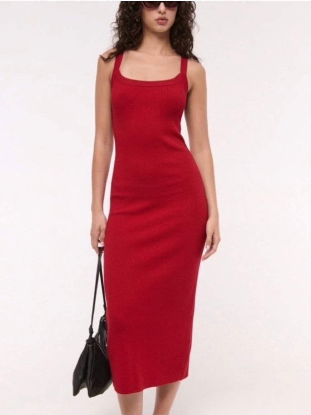 Abercrombie Bra-Free Essential 90s Rib Midi Dress Red XXS